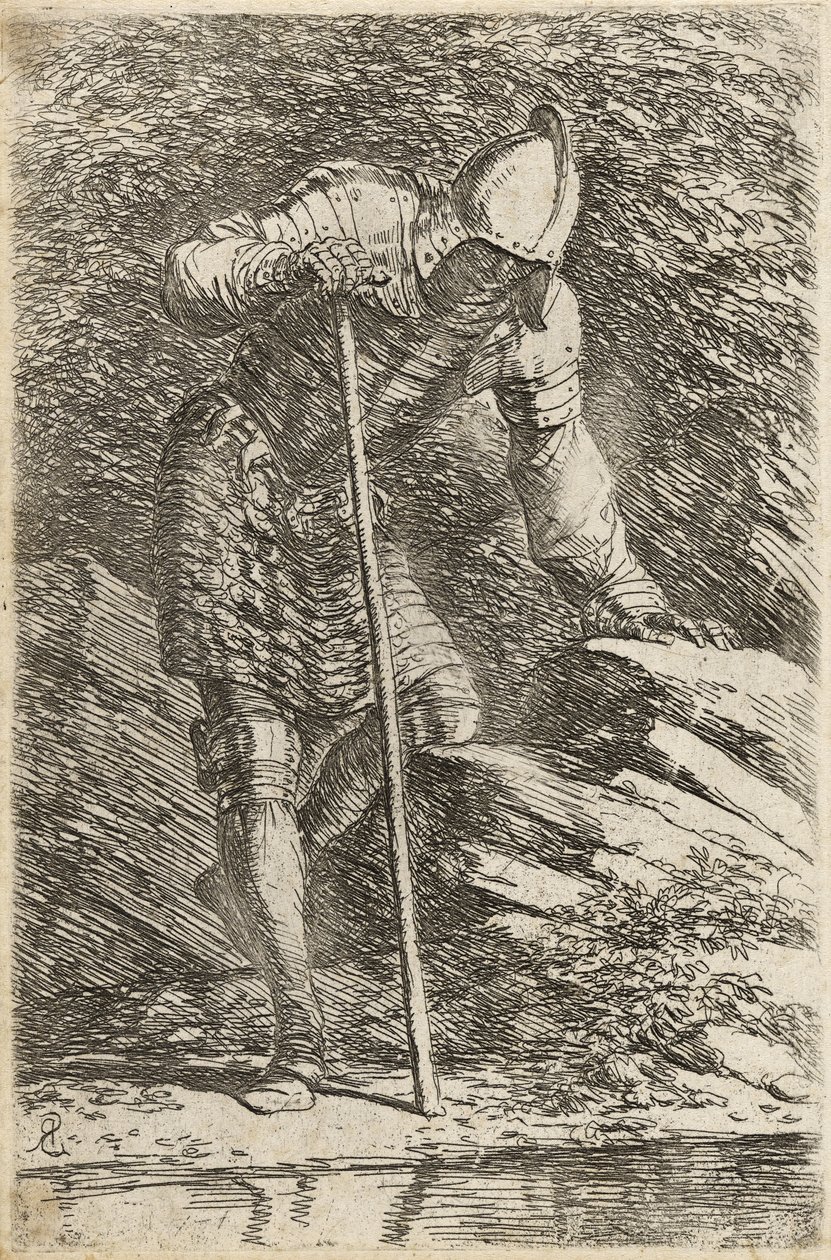 Voják v helmě a brnění Regarding a Stream, c.1656-57 (lept na položený papír suchou jehlou) od Salvator Rosa