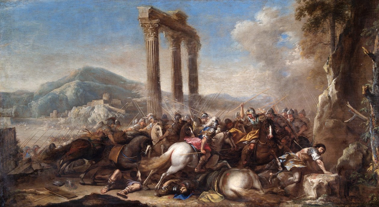 Bojová scéna s klasickou kolonádou od Salvator Rosa