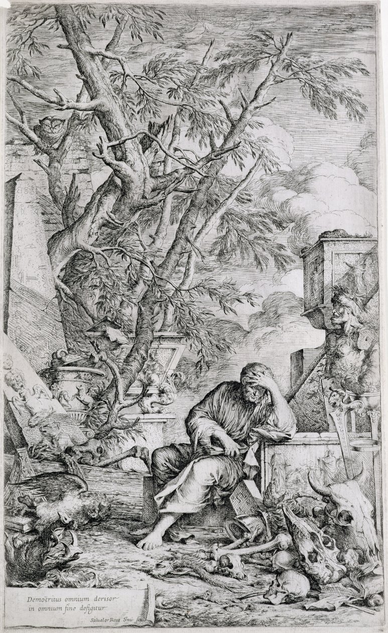 Democritus v meditaci (rytina) od Salvator Rosa