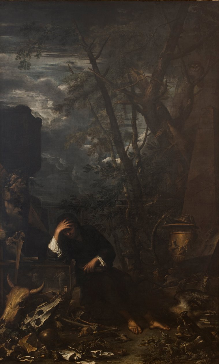Democritus v meditaci, 1651 od Salvatore Rosa
