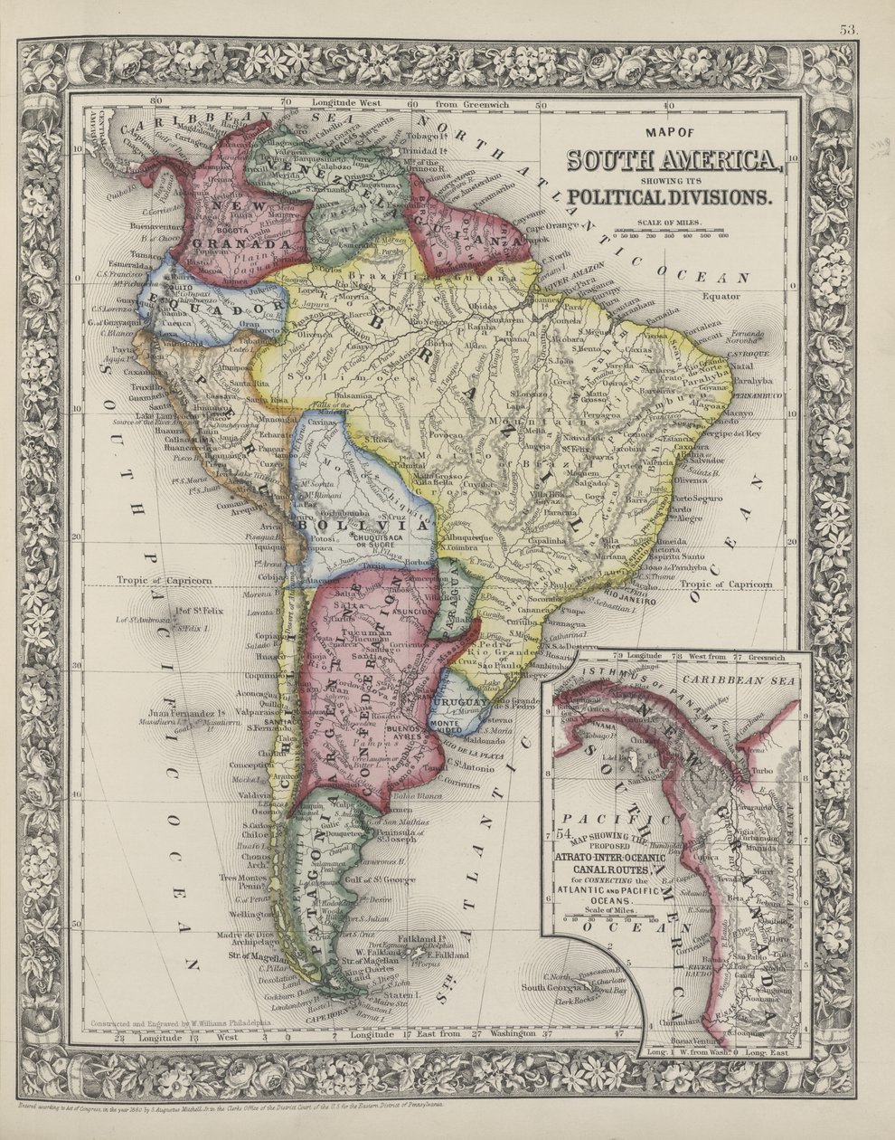 Mapa Jižní Ameriky zobrazující její politické rozdělení z Mitchellova nového všeobecného atlasu, 1863 od Samuel Augustus Mitchell