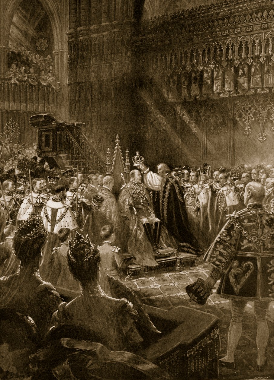Korunovační ceremonie z roku 1902: Postavení krále Edwarda VII. během korunovace, z „The Illustrated London News“, 1902 od Samuel Begg
