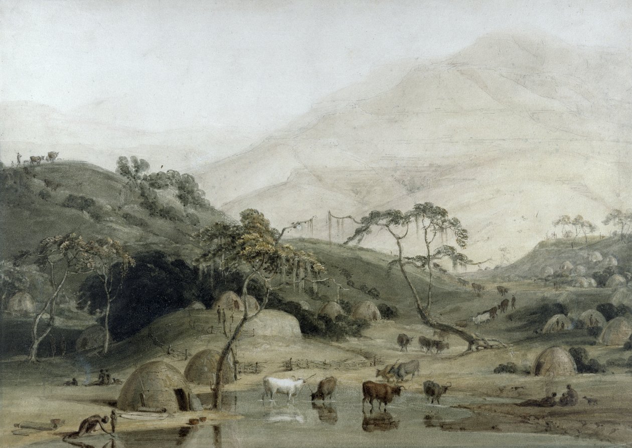 A Kaffir Village, cca 1801 (wc a grafit na papíře) od Samuel Daniell