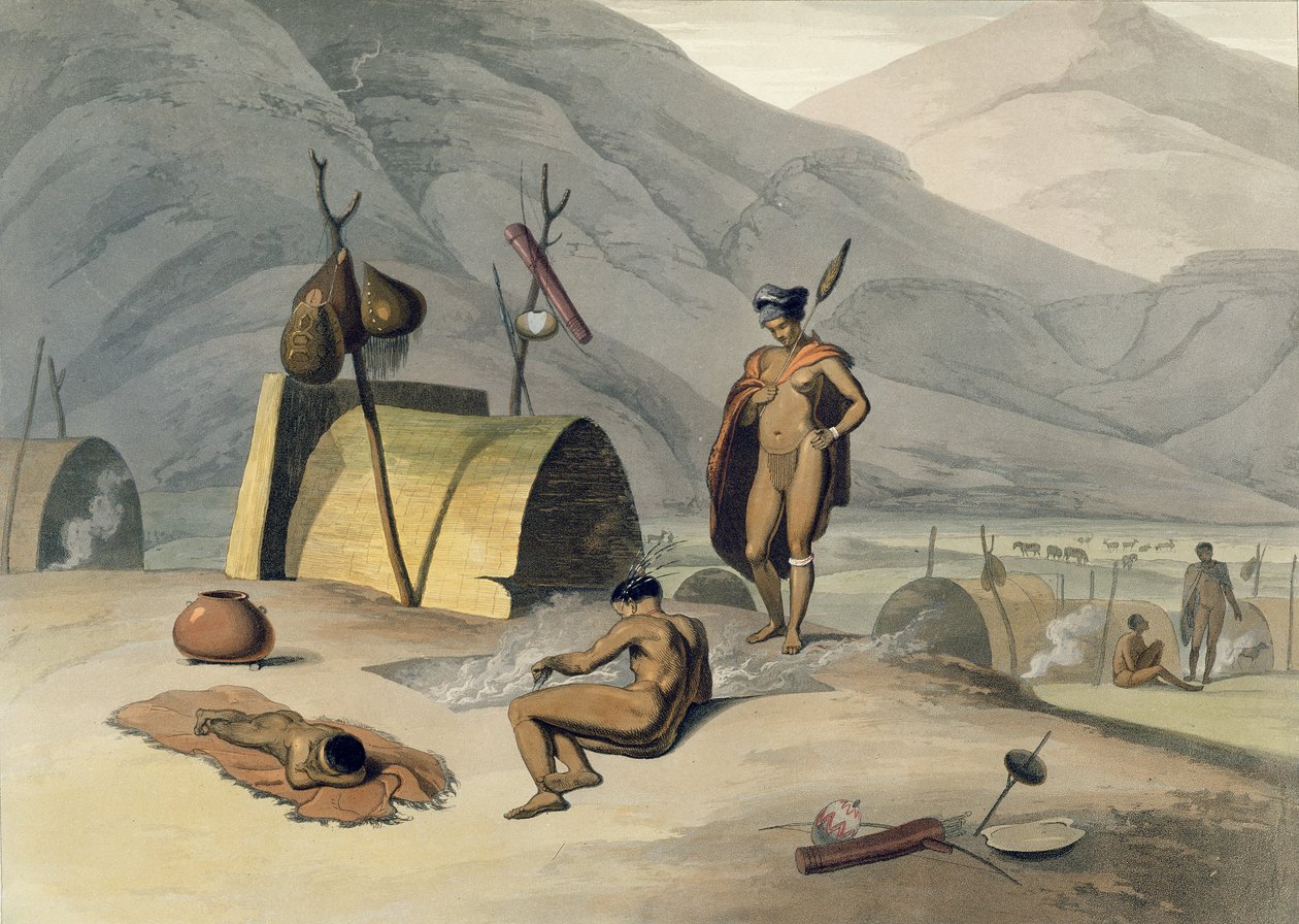 Bosjemans Frying Locusts, deska 26 z „African Scenery and Animals“, vyryto umělcem, 1805 (akvatinta) od Samuel Daniell