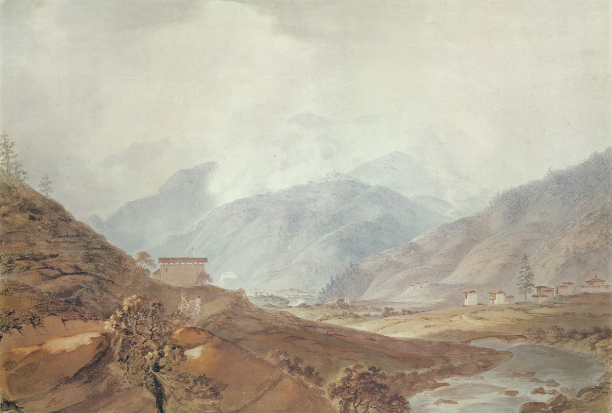 Horská scéna poblíž Thimphu, Bhútán, 1783, od Samuel Davis