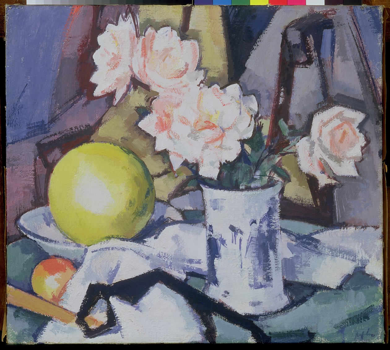 Modrá a bílá váza, růže, meloun a pomeranč od Samuel John Peploe