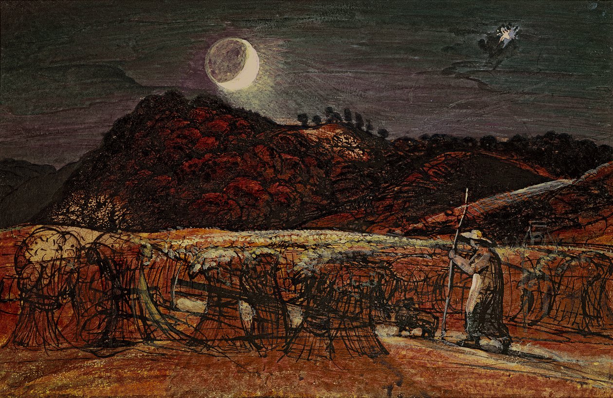 Cornfield by Moonlight, with the Evening Star, cca 1830 (wc a tělová barva s perem a inkoustem) od Samuel Palmer