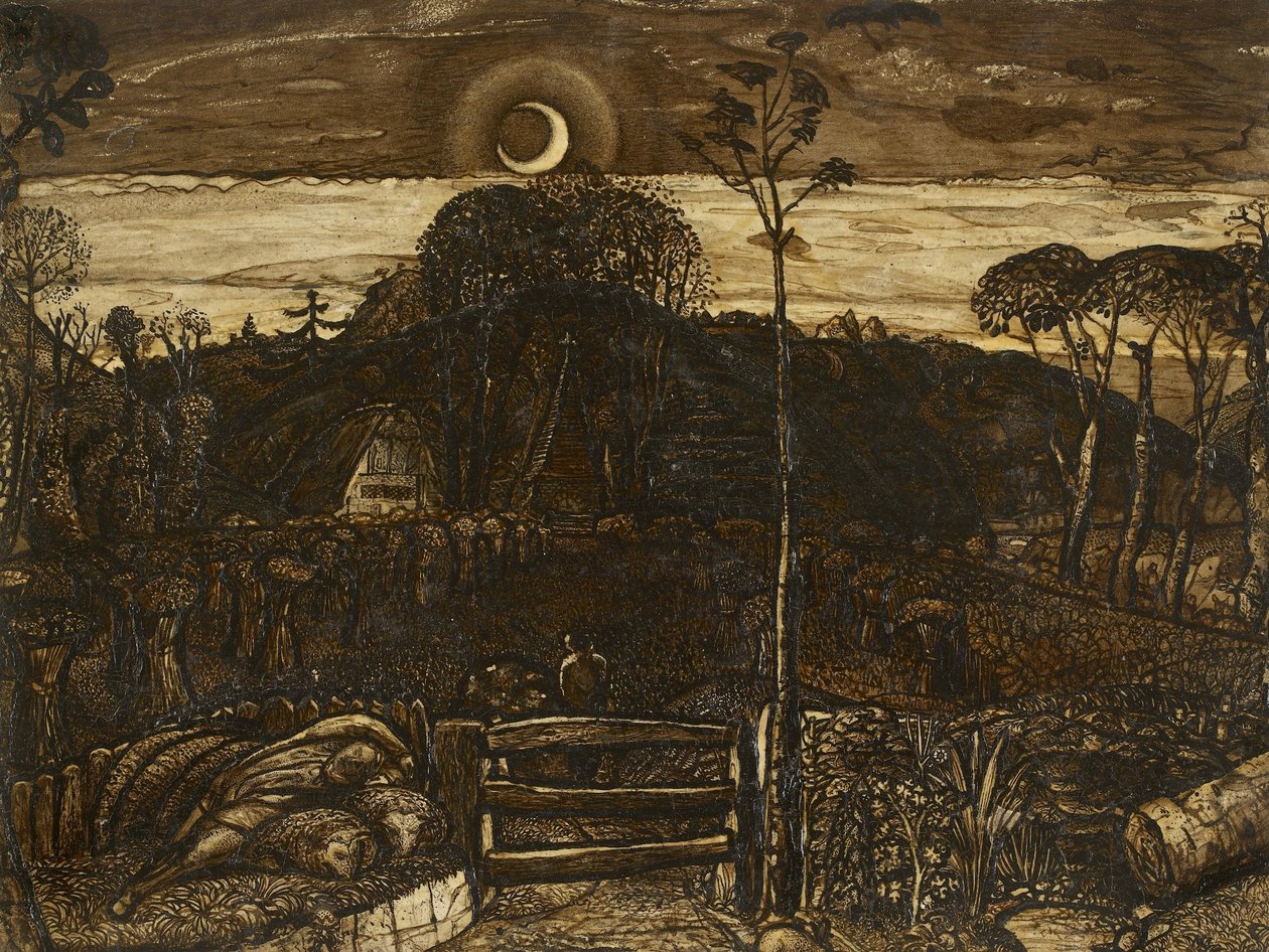 Late Twilight, 1825 (pero a tmavě hnědý inkoust se štětcem v sépiové barvě smíchané s arabskou gumou; lakované) od Samuel Palmer