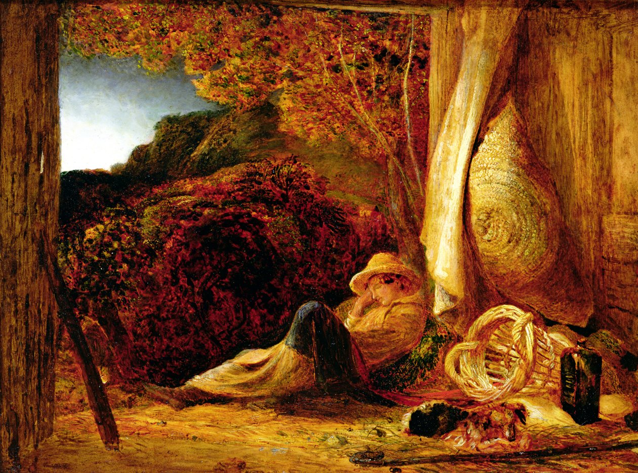 Spící pastýř, 1834 (tempera s olejovou glazurou na papíře, položeno na desce) od Samuel Palmer