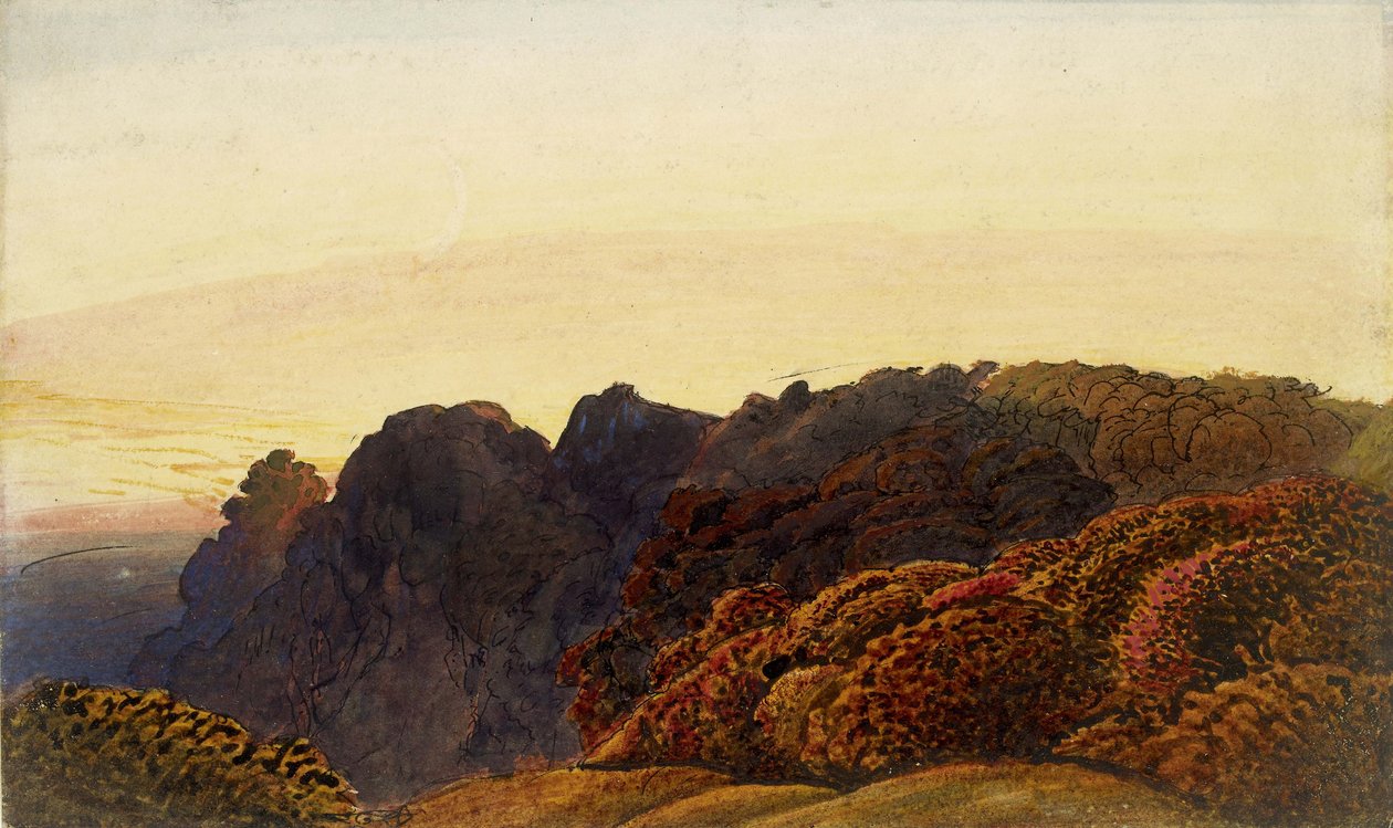 Yellow Twilight, c.1830 (pero a indický inkoust a lazura, s akvarelem a tělovou barvou a arabskou gumou, na špinavě bílém papíře) od Samuel Palmer