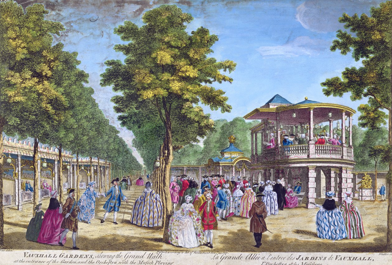 Pohled na Grand Walk u vchodu do Vauxhall Pleasure Gardens s hrajícím orchestrem, vyrytý Mullerem od Samuel Wale