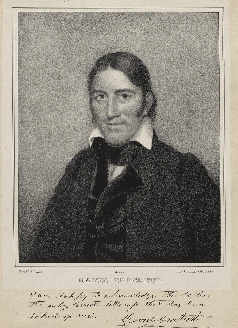 David Crockett, kolem roku 1835 (litografie na chine collé) od Samuel Osgood
