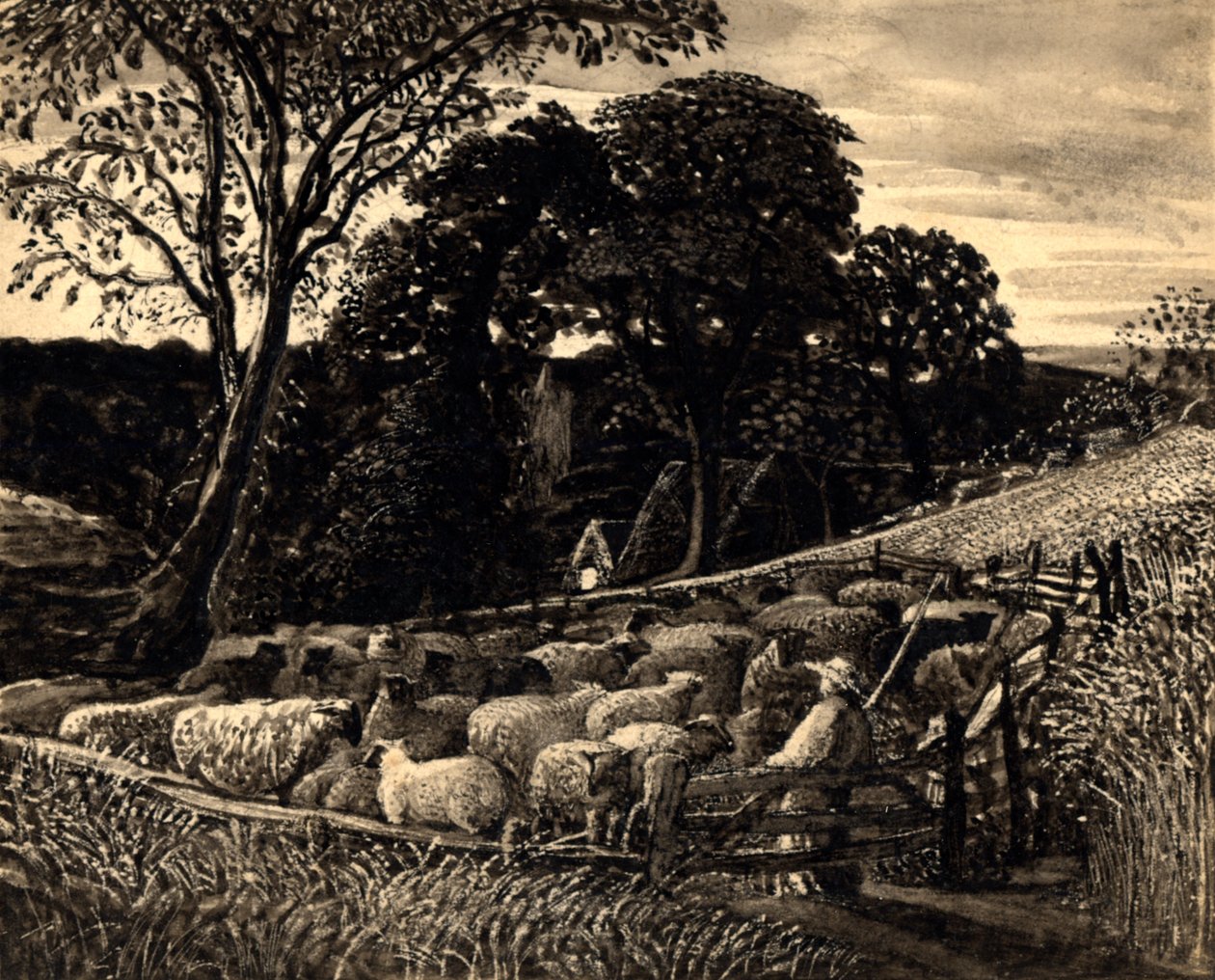 The Sheep Fold, cca 1831-32 (akvarel) od Samuel Palmer