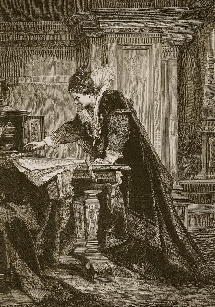Královna Alžběta podepisující rozsudek smrti Mary Queen of Scots, vyrytý C. Butterworthem od Sandor Liezen Meyer