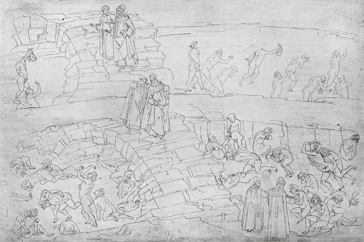 Dante a Virgil (70-19 př.nl) z „Božské komedie“ od Dante Alighieriho (1265-1321) kolem roku 1480 od Sandro Botticelli