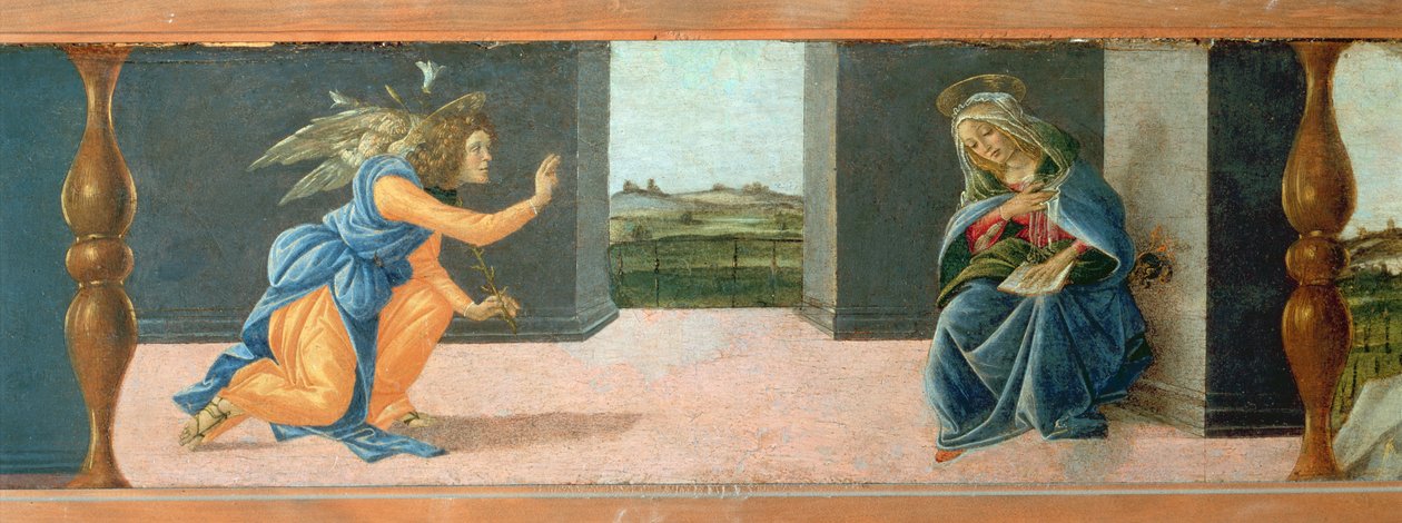 Zvěstování, panel predella z oltářního obrazu svatého Marka, kolem 1488-90 (tempera na panelu) (viz 44363 a 44381) od Sandro Botticelli