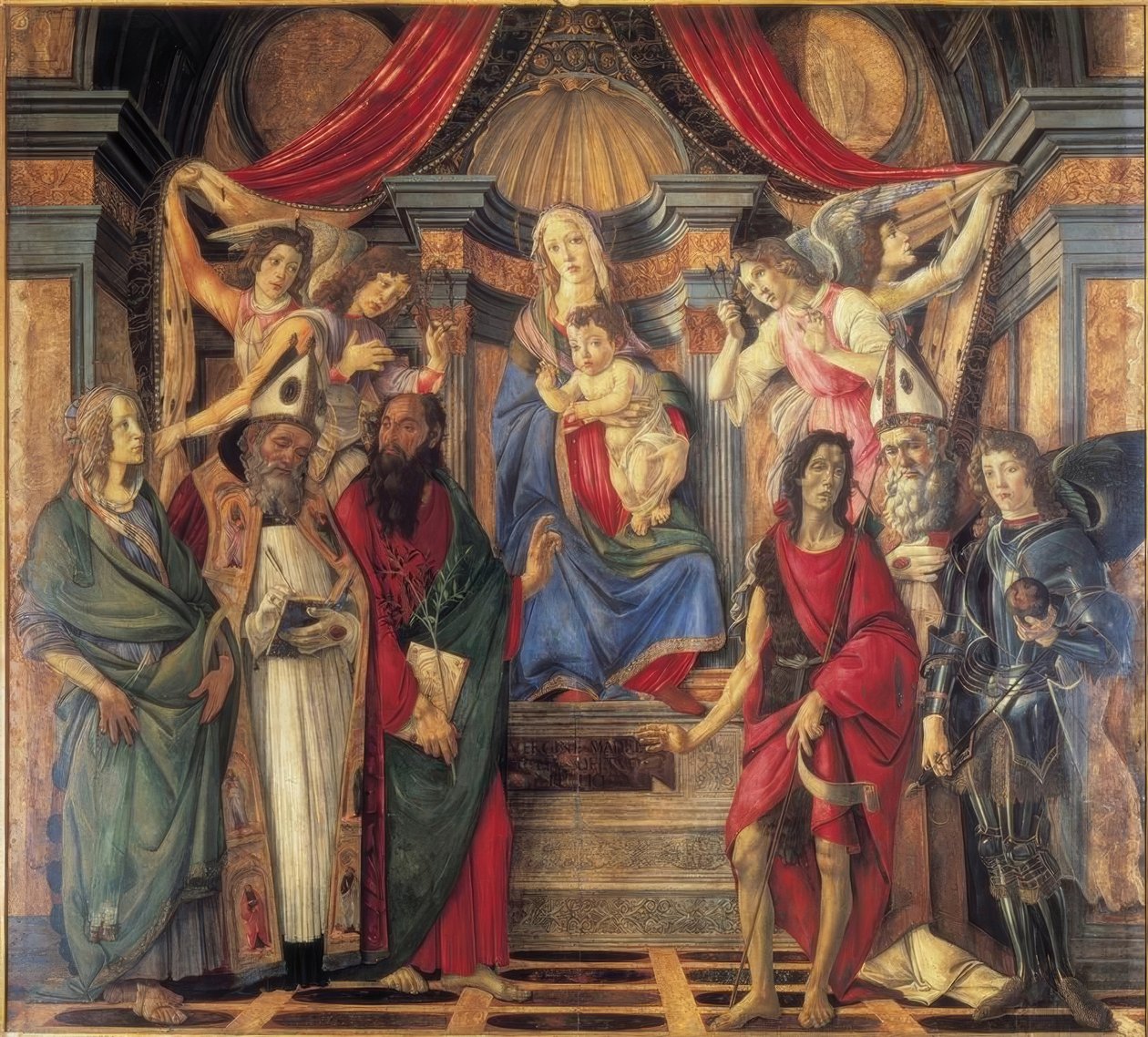 Madonna trůnící s dítětem, anděly a svatým Ka od Sandro Botticelli