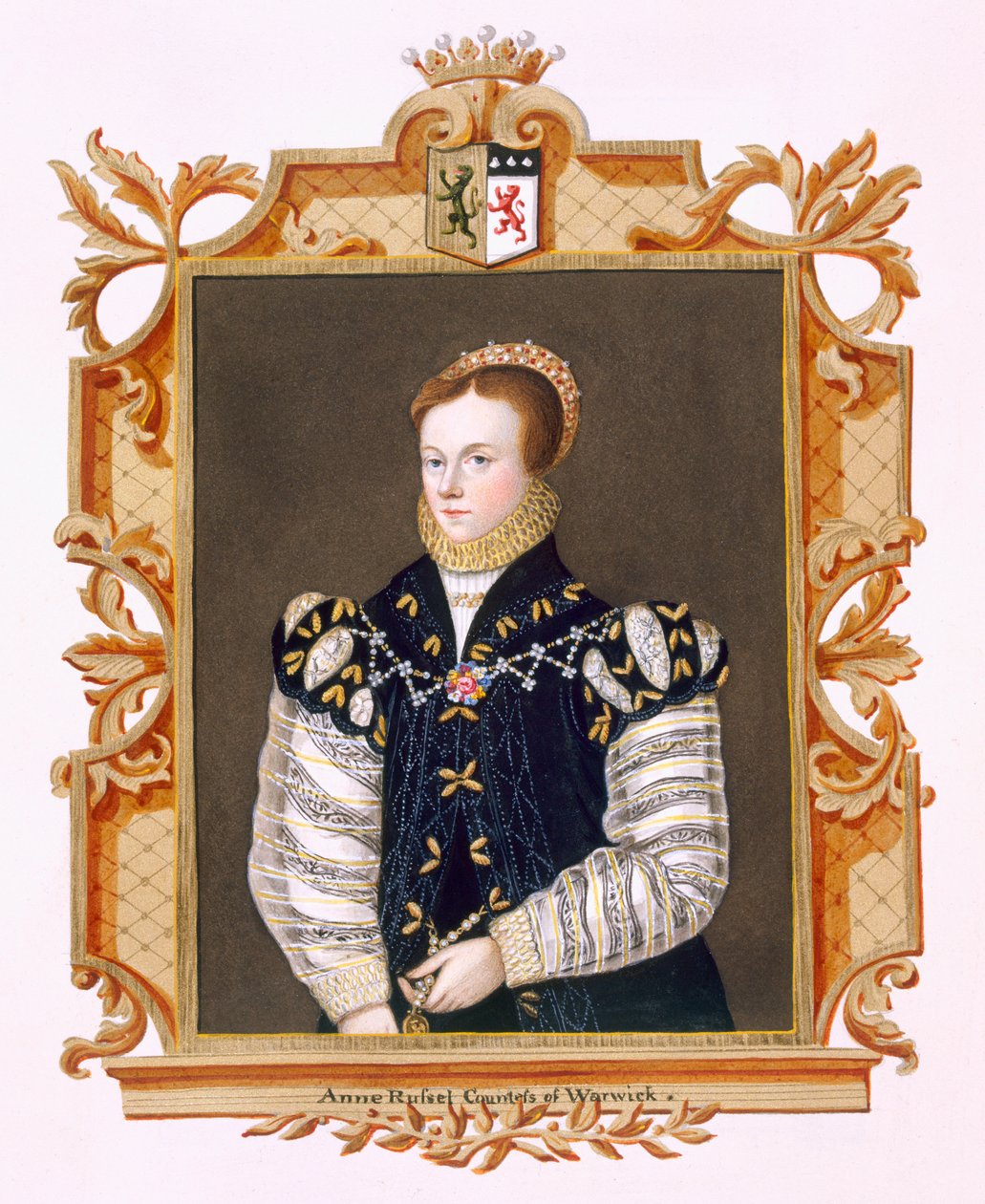 Portrét Anny Russell († 1604) hraběnka z Warwicku z „Paměti dvora královny Alžběty“, po portrétu kolem roku 1569 v opatství Woburn, publikovaném v roce 1825 (wc a kvaš na papíře) od Sarah Countess of Essex