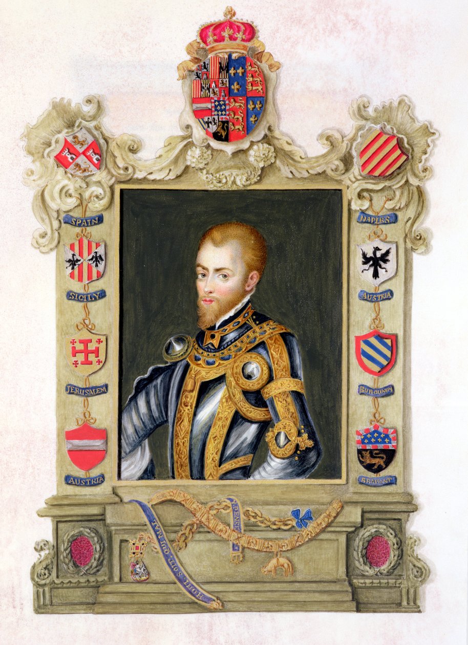 Portrét španělského krále Filipa II. (1527–1598) z „Paměti dvora královny Alžběty“ podle portrétu od Tiziana (asi 1488–1576), publikovaného v roce 1825 (wc a kvaš na papíře) od Sarah Countess of Essex
