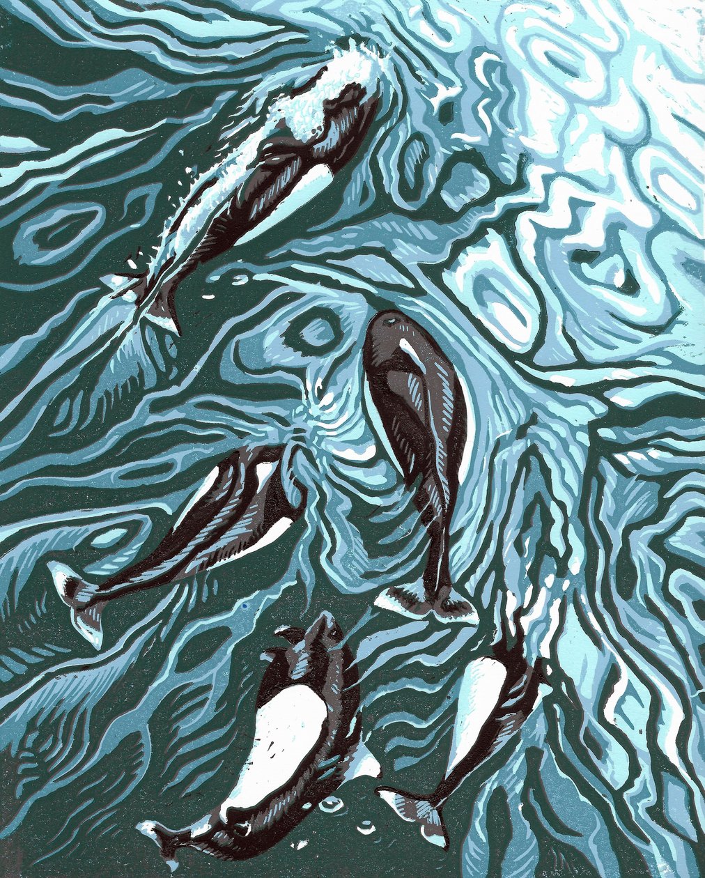 Wake Riders, 2016 (linoryt) od Sarah Drummond