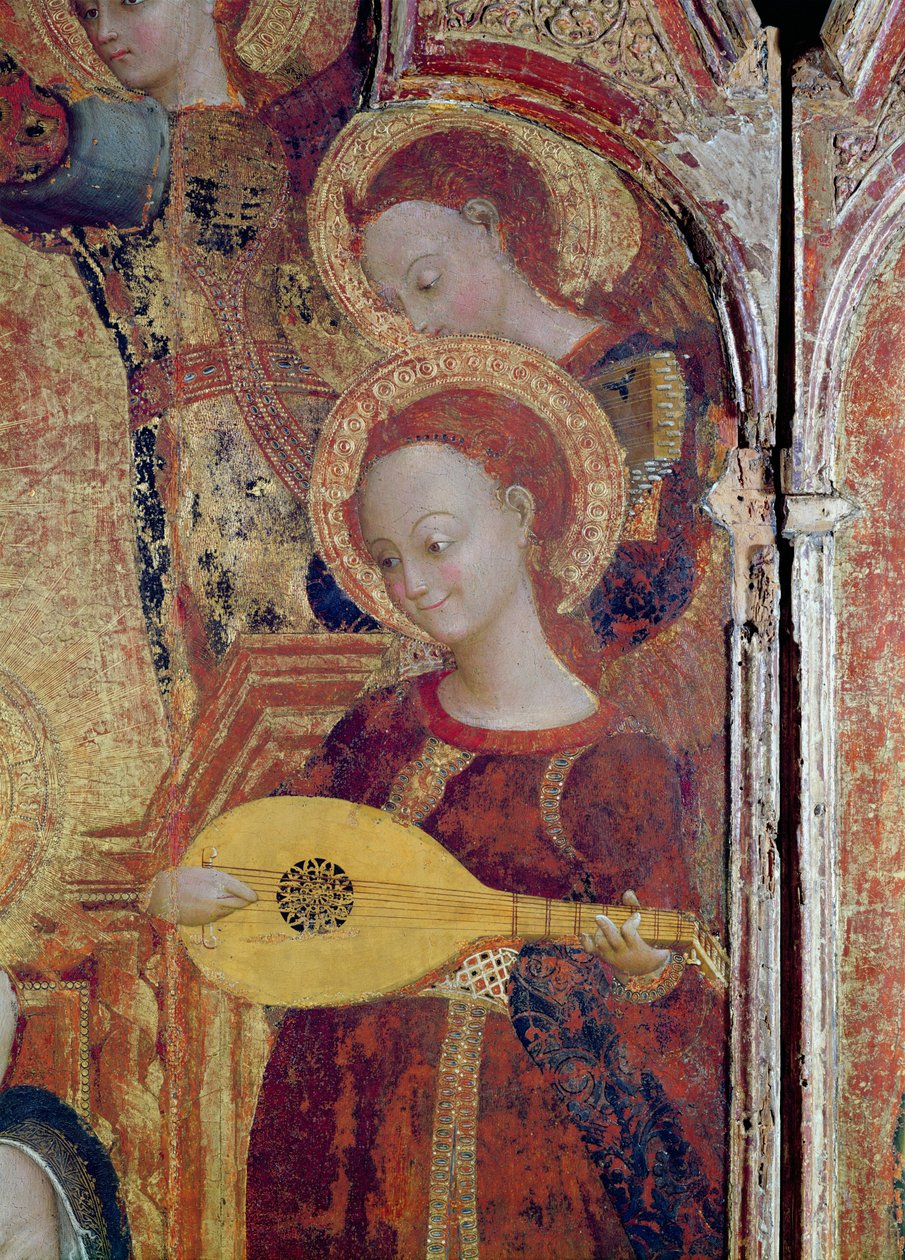 Detail andělských hudebníků z obrazu Panny Marie s dítětem obklopené šesti anděly, 1437-44 (olej a zlato na dřevě) od Stefano Sassetta