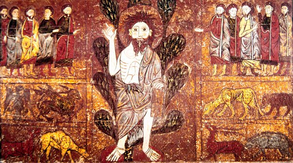 Svatý Jan Křtitel káže v poušti a je obklopen divokými zvířaty, z frontálu oltáře z Gesery, 13. stol. od School of Aragon