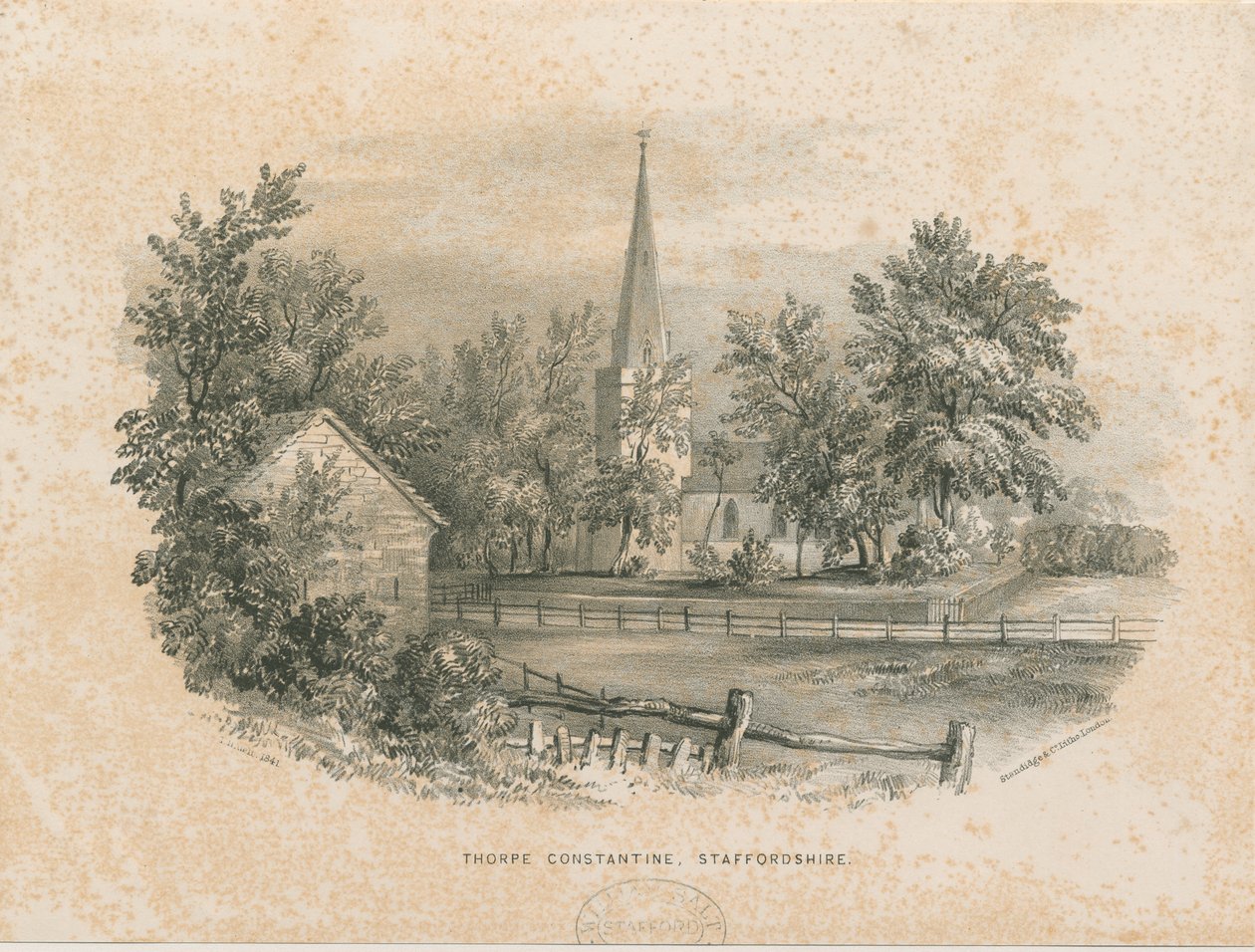 Kostel Thorpe Constantine: litografie (vinětovaná) od School English