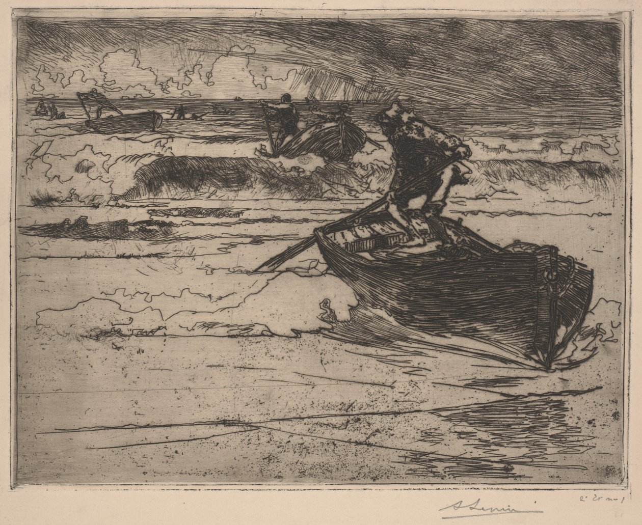 Rybáři prchající před bouří (lept) od School French
