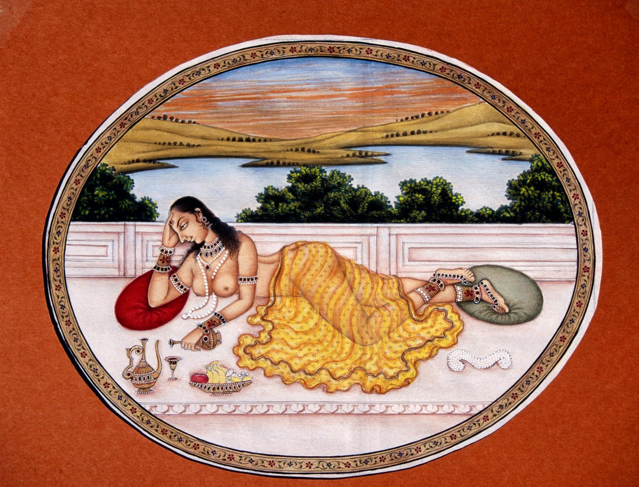 Dáma užívající si nápoj Miniatura malba na papíře od School Indian