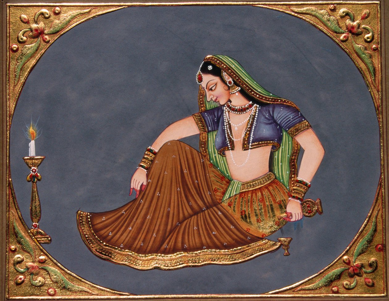 Dáma užívající si nápoj Miniatura malba na papíře od School Indian