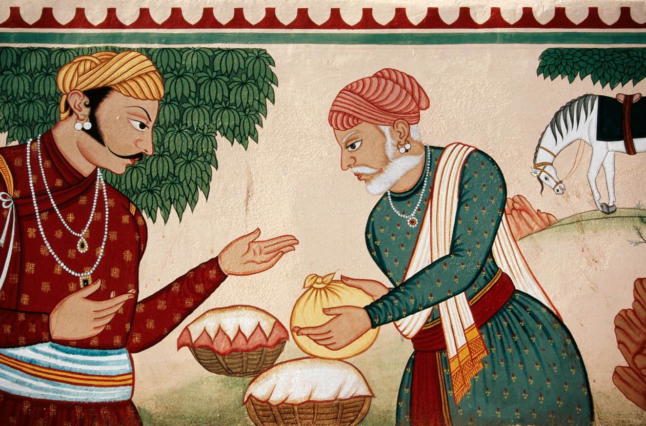 Nástěnná malba vyjednávání, Džajpur, Rádžasthán, Indie od School Indian