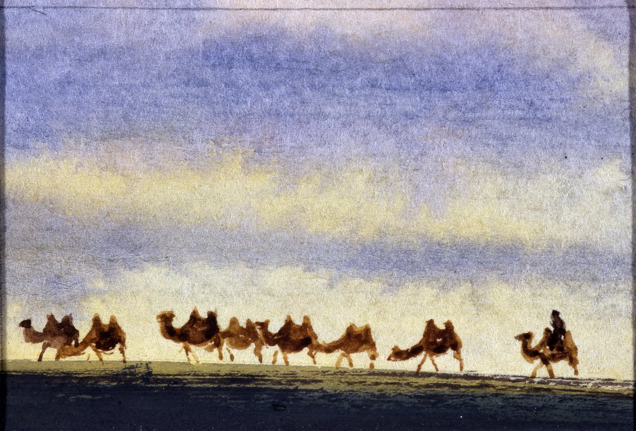Velbloudí stádo, Mongolsko - mongolský akvarel od School Mongolian