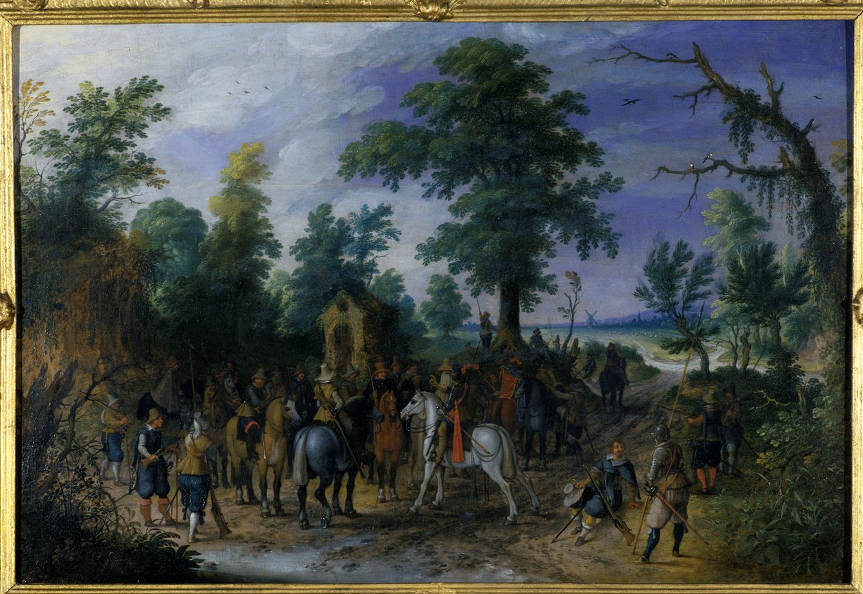 Kavalérie a pěchota před kaplí, před 1610 od Sebastian Vrancx