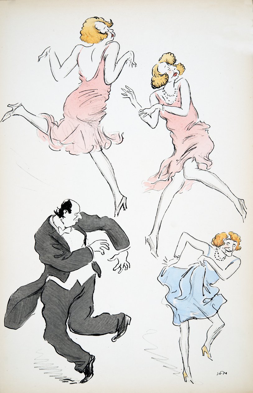Tři ilustrace transvestitů v modrých a růžových šatech tančících s větším gentlemanem s bílou kravatou a ocasem, z hospody White Bottoms. 1927 (barevný blokový tisk) od Sem