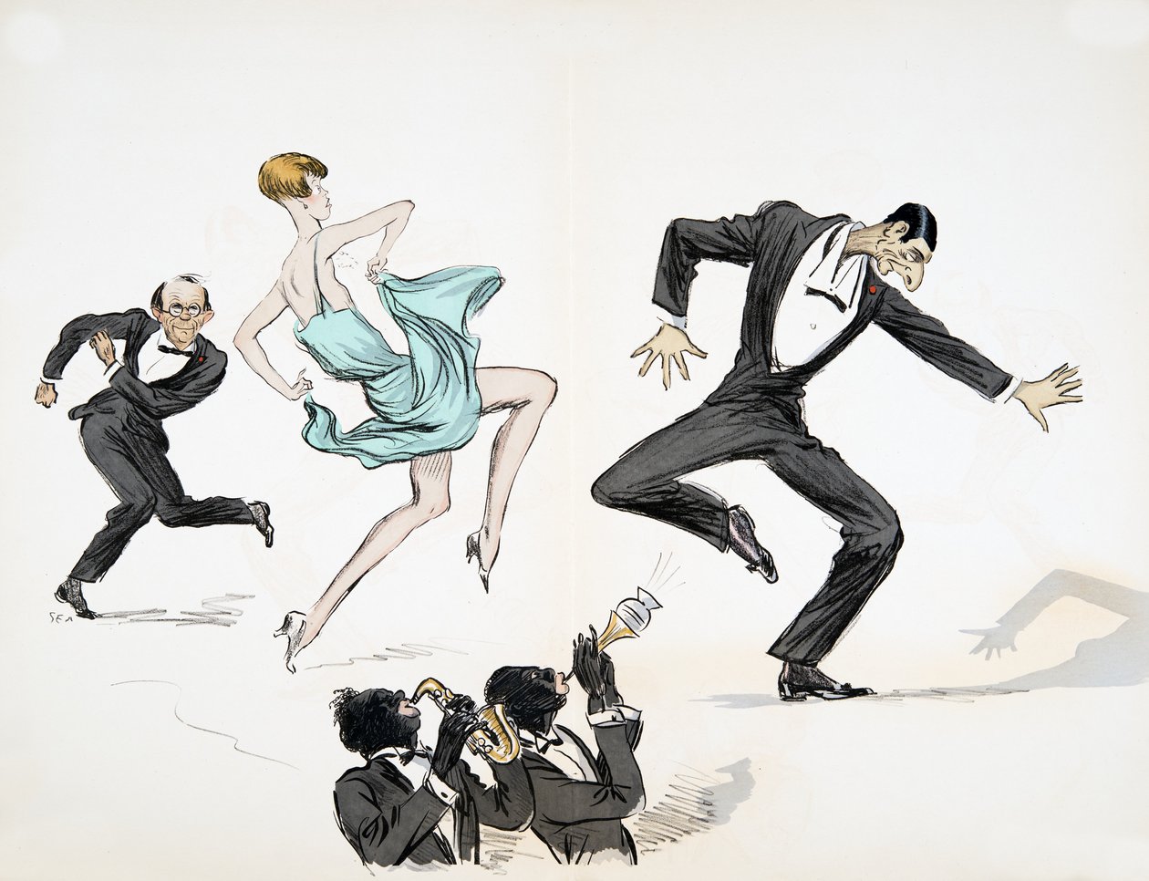 Dva muži v černé kravatě a žena v jasně modrých šatech tančí se dvěma hudebníky hrajícími jazz na dechové nástroje z hospody White Bottoms. 1927 (barevný blokový tisk) od Sem