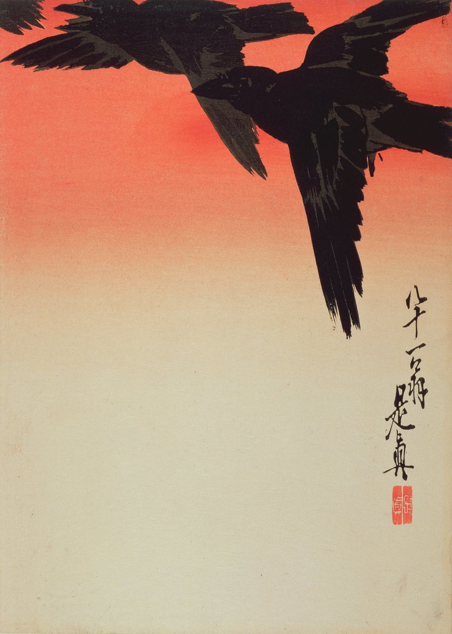 Crows in Flight at Sunrise, 1888 (barevný dřevořez) od Shibata Zeshin