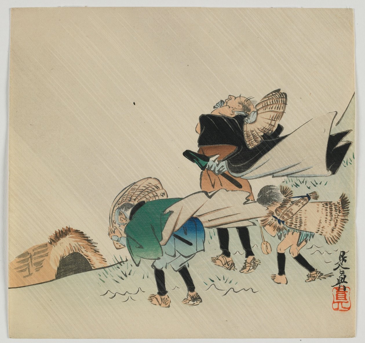 Tři cestovatelé chyceni ve větru, éra Meidži, konec 19. století (barevný dřevořez) od Shibata Zeshin