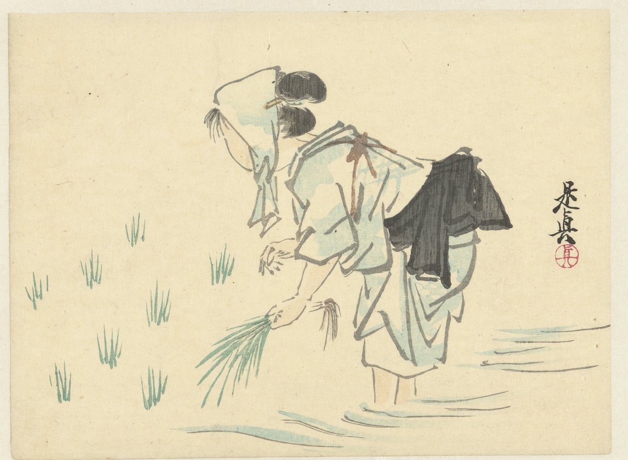 Žena sázející rýži od Shibata Zeshin