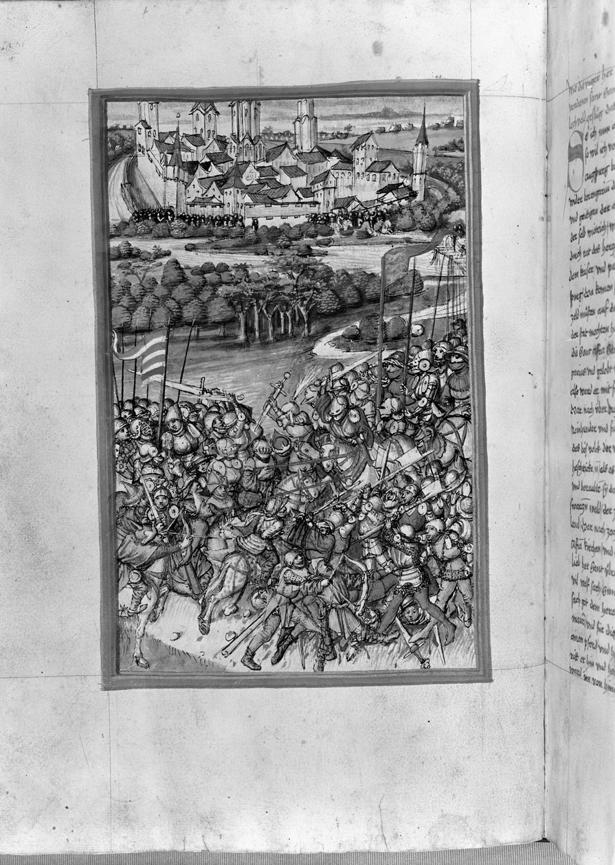 HB V 52 fol. 70v Ilustrace bitvy u Lechfeldu, z augsburské kroniky, 1457 od Sigismund Meisterlin