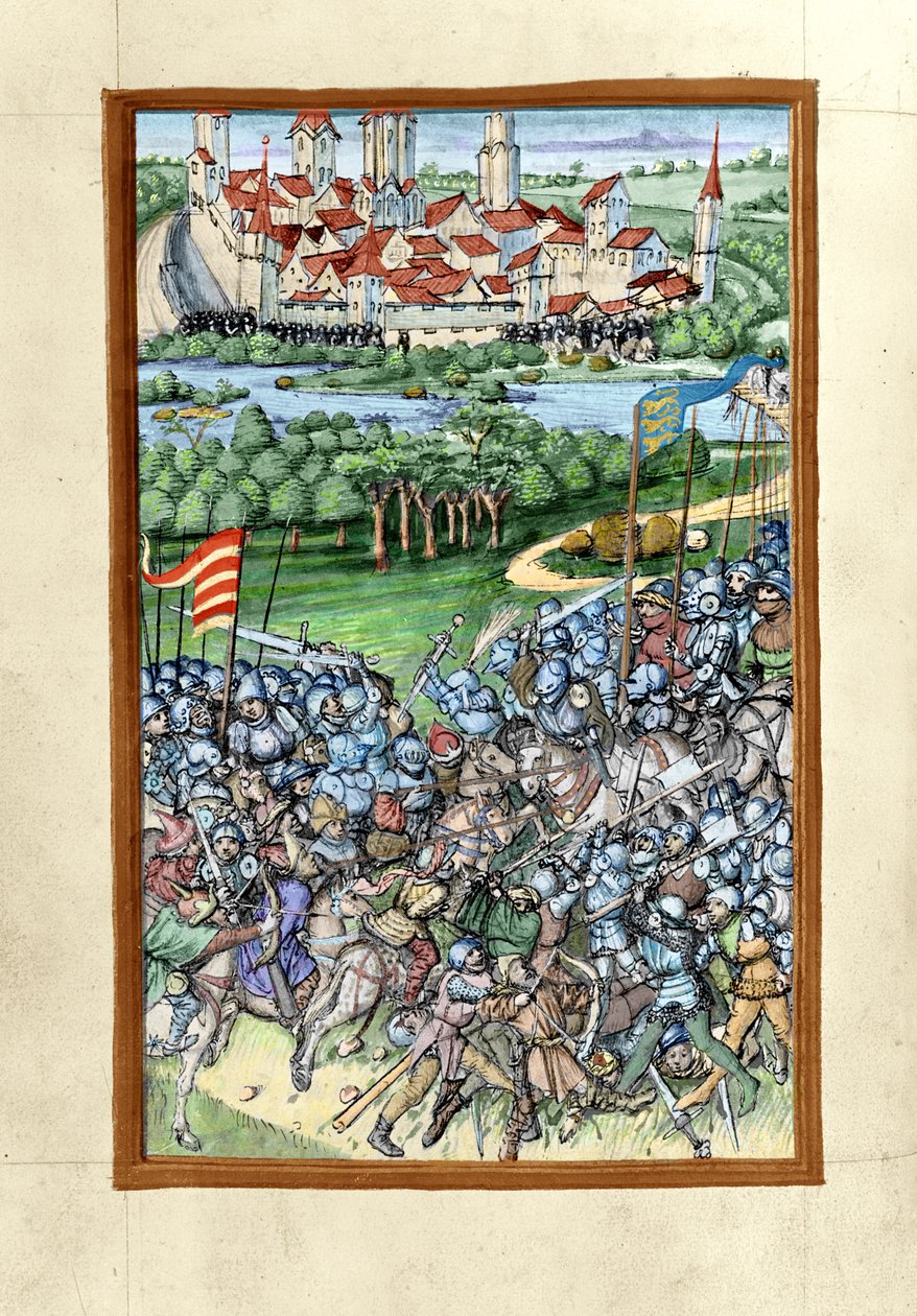 HB V 52 fol. 70v Ilustrace bitvy u Lechfeldu, z augsburské kroniky, 1457 (barevná verze 293598) od Sigismund Meisterlin