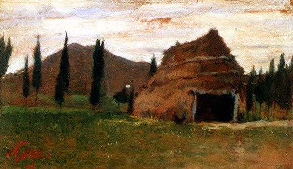 Krajina s doškovou chýší od Silvestro Lega