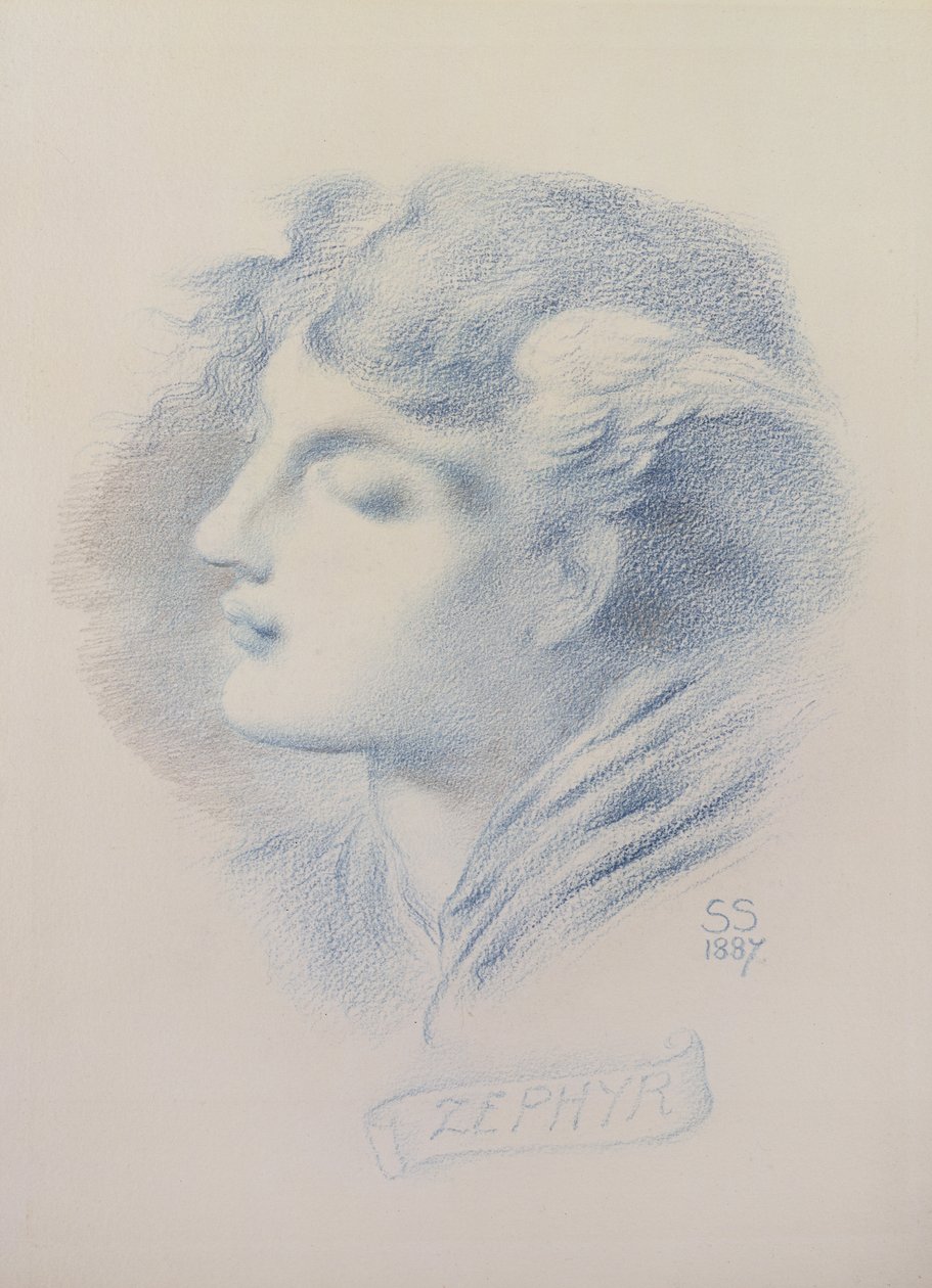 Zephyr, 1887 (modrá pastelka a tužka na papíře) od Simeon Solomon