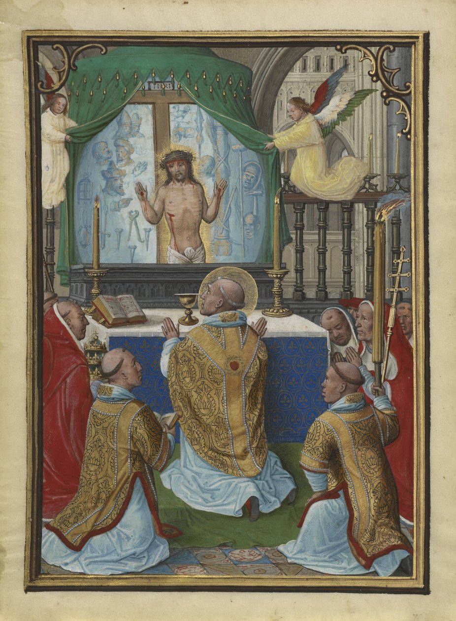 Mše sv. Řehoře, miniatura z hodin Mnichov-Montserrat od Simon Bening