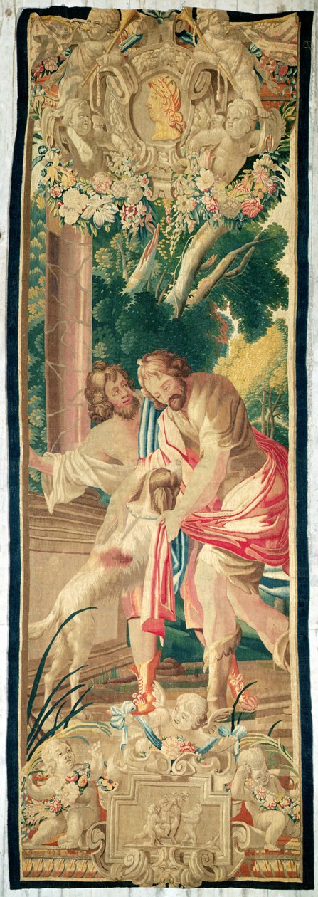 Ulysses doprovázený Telemachem je rozpoznán jeho psem Argusem (vlněná tapisérie) od Simon Vouet