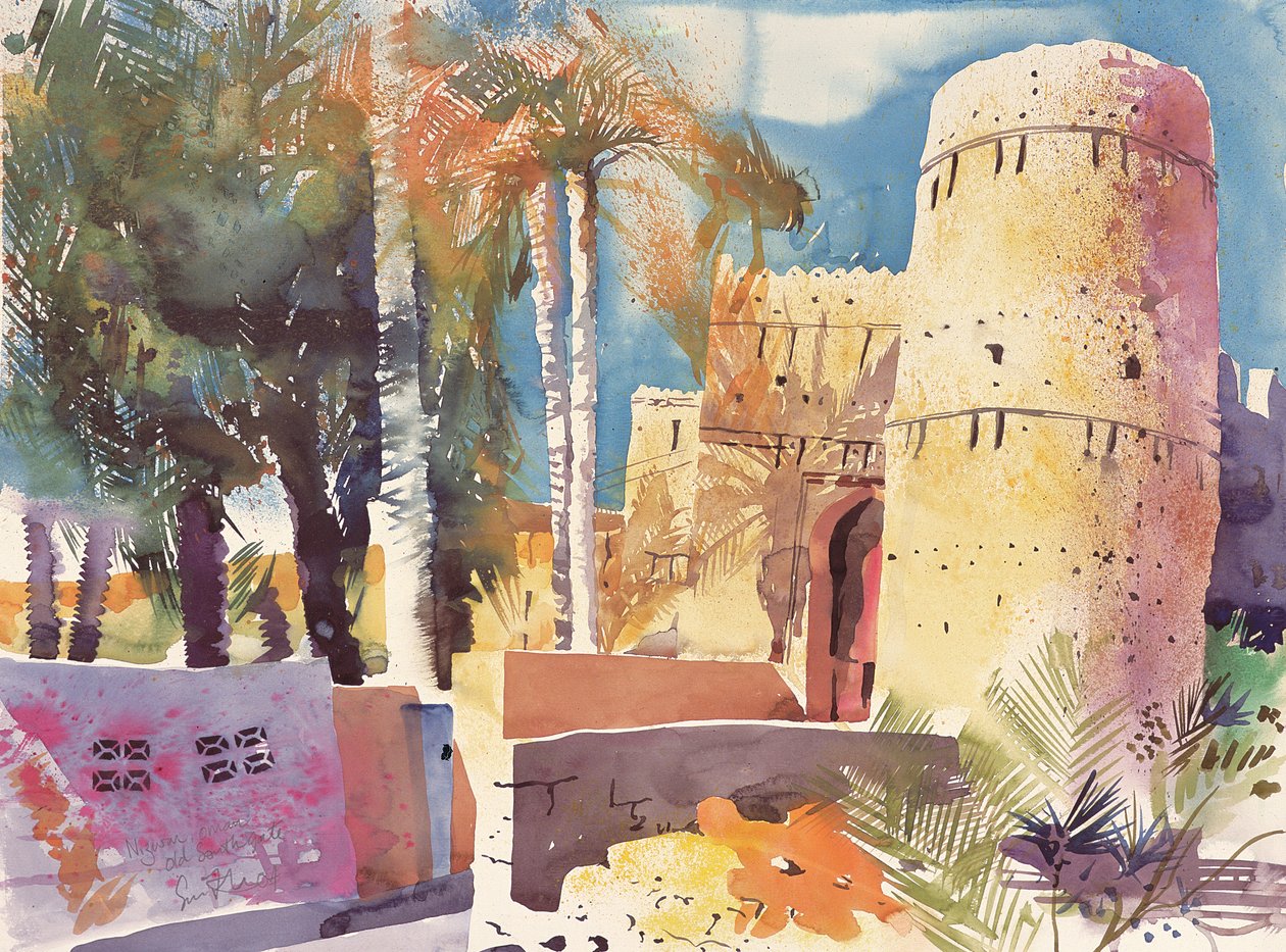 Nizwa Omán, Stará jižní brána, 2005 (akvarel) od Simon Fletcher