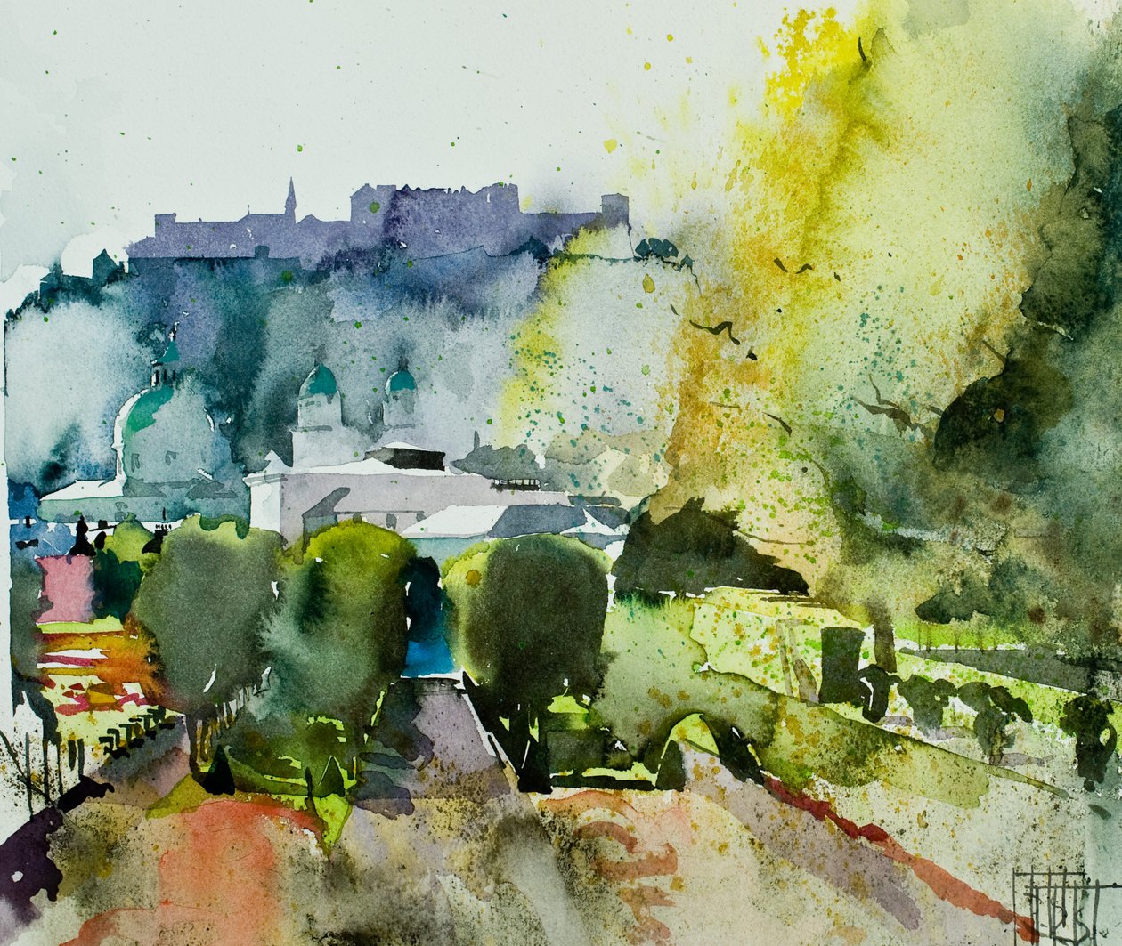 Salcburk ze zahrad Mirabell, 2008 (akvarel) od Simon Fletcher