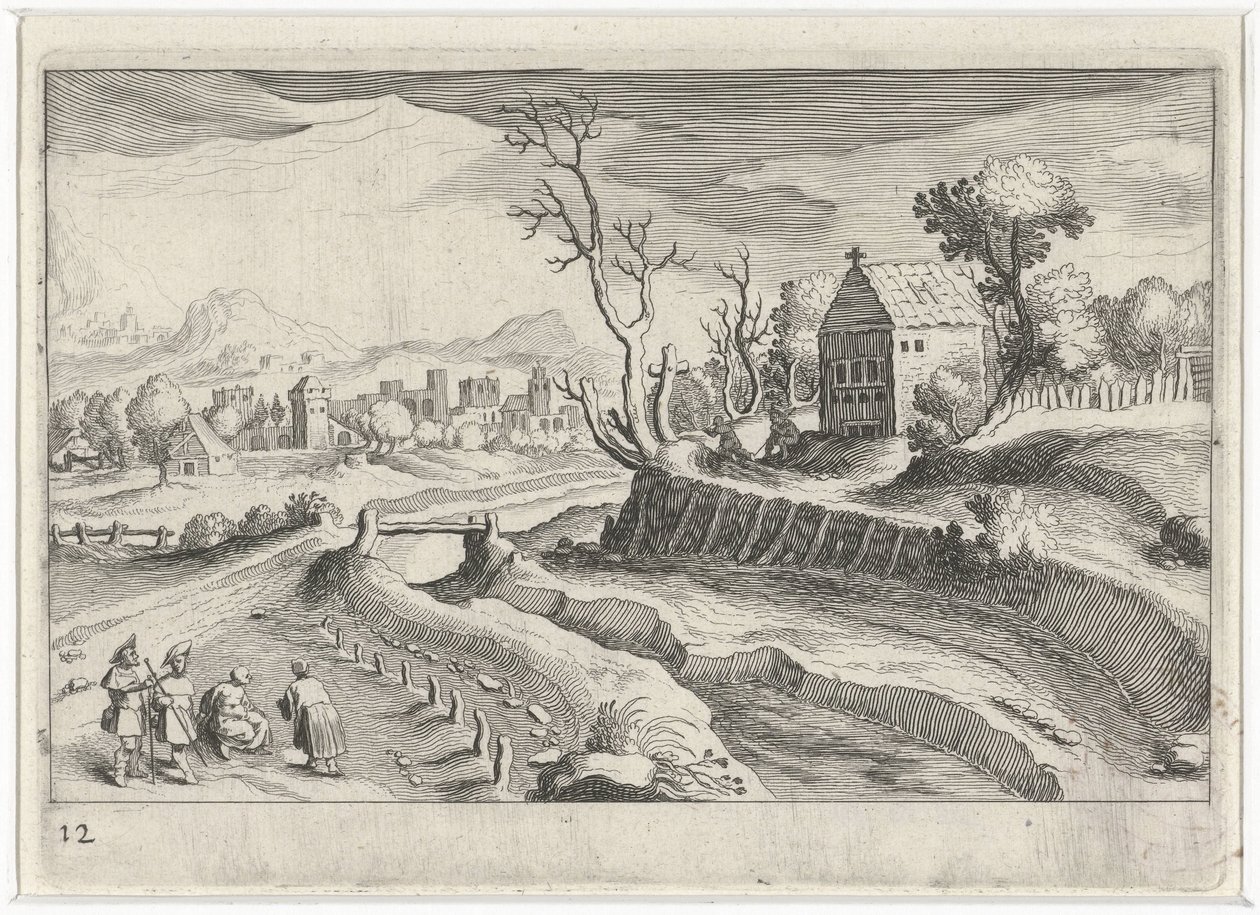 Kopcovitá krajina s kaplí Jihoevropské krajiny (název série) Topographia variarum regionum (název série) od Simon Frisius