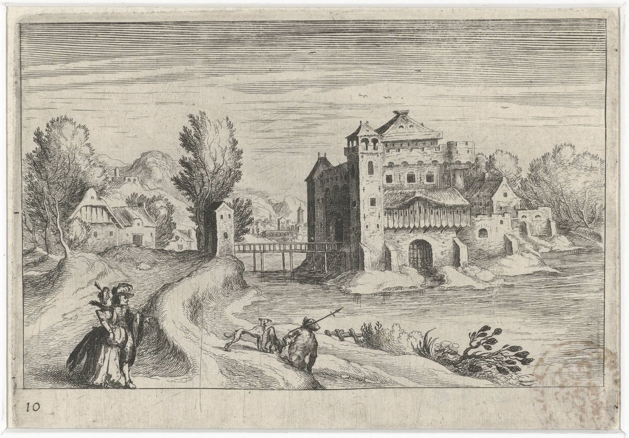 Říční krajina s hradem Jihoevropské krajiny (název série) Topographia variarum regionum (název série) od Simon Frisius