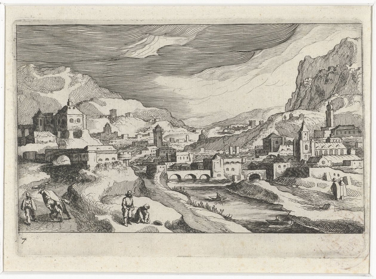 Panoráma města v údolí řeky Jihoevropské krajiny (název série) Topographia variarum regionum (název série) od Simon Frisius