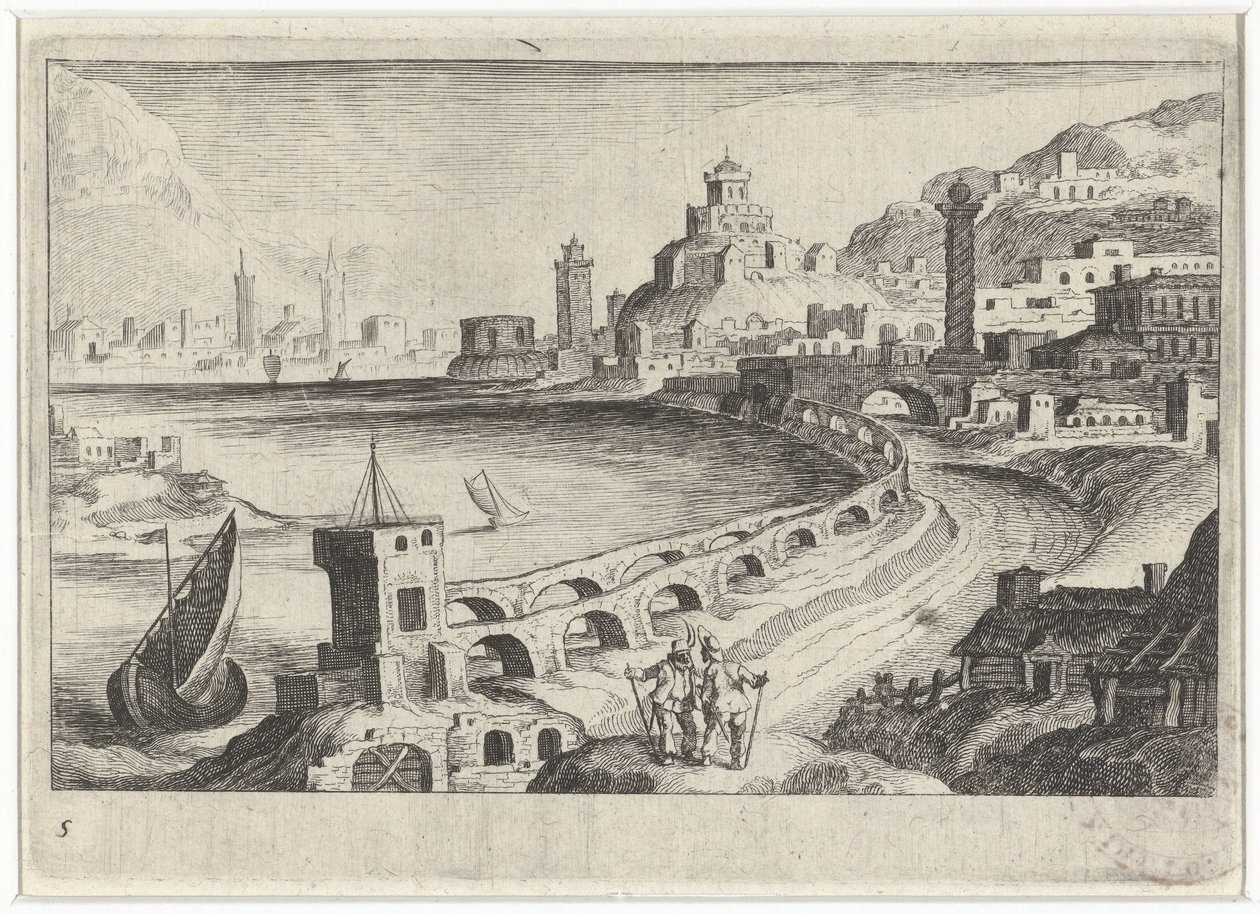 Panoráma města s akvaduktem Jihoevropské krajiny (název série) Topographia variarum regionum (název série) od Simon Frisius